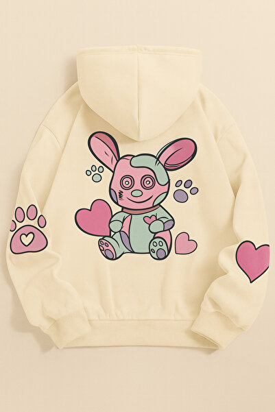 CLASSY.MODA Unisex Oversize 3 Thread Hoodie 🧸 💖 🐾   Bear Patterned Hooded Sweatshirt Casual Comfortable Streetwear Style