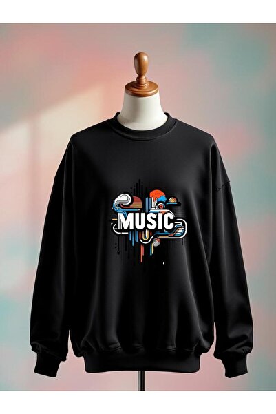 Vordevia سويت شيرت قطني كبير الحجم مطبوع عليه نص موسيقي بثلاث خيوط باللون الأسود