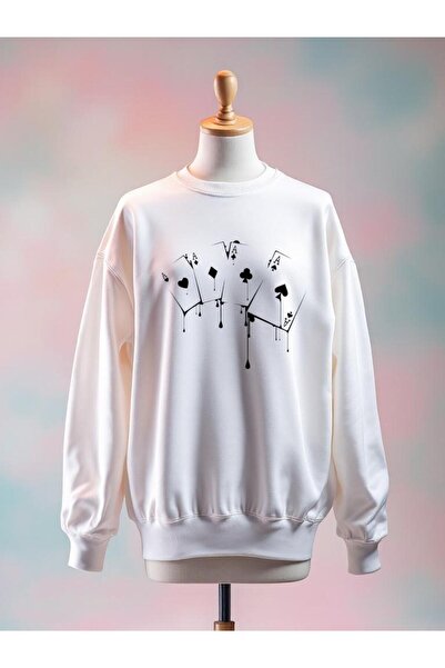 Vordevia سويت شيرت قطني كبير الحجم مطبوع عليه ورق اللعب، أبيض اللون، مكون من ...