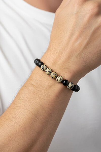 PRVT Dalmatian Jasper Natural Stone Black Matte Men's Bracelet – Flexible Cord