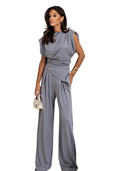 Song Feng Ya Solid Light Grey Irregular Short-Sleeved Trousers Suit Size M Suitable for Waist about 72CM