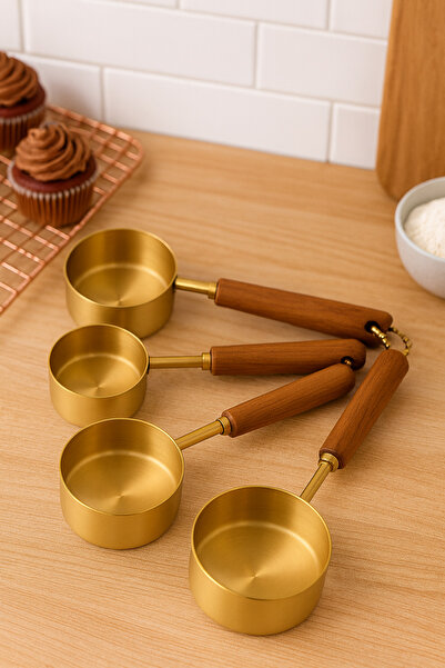 DailyHome Gold Renk Şık Ahşap Saplı Ölçü Kaşığı Seti – 4’lü Metal Ölçüm Kapları