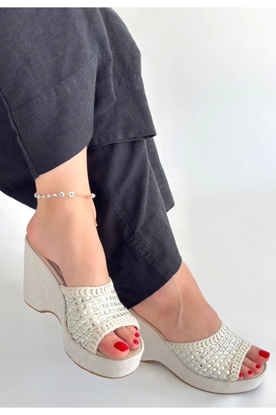 Vona Nova Moka Beige Knitwear Wedge Heel Slippers