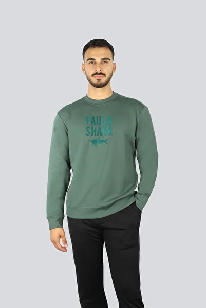 PAUL&SHARK Men's Cotton Front Logo Patterned Round Neck Cotton Long Sleeve Green Sweatshirt 15311839-513