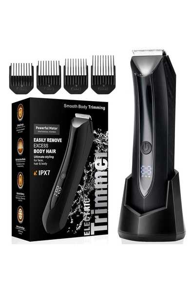 Elindor Aparat de tuns/ras pentru barbă și corp, rezistent la apă, lamă ceramică, LED, ecran LCD, fără fir, 4 capete, negru