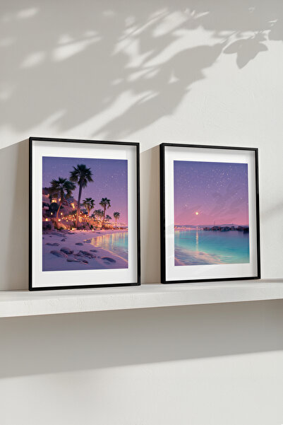 STARYUNA Set de pictură dublă cu palmieri în cadru negru, cu vedere la mare, ...