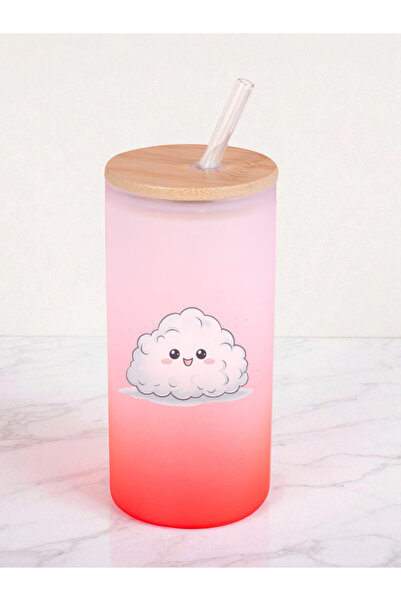 lili hediyelik Cloud Printed 600 ml Glass Flask - Water Flask, Water Bottle Flask, Glass Flask with Glass Straw
