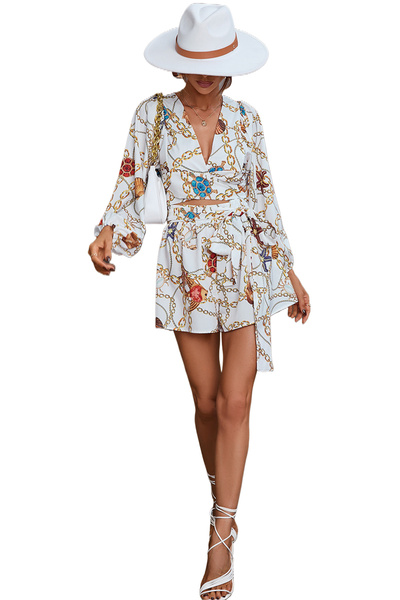 Song Feng Ya Nordic Floral Long Sleeve Shorts V-neck Jumpsuit M Size Suitable for Waist about 62-84CM