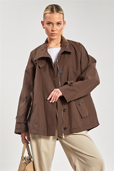 BARRELS AND OIL Kadın Dik Yaka Cepli Fermuarlı Trençkot - Kahve