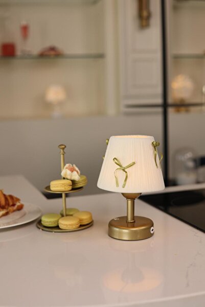 Maison Avf Krem Kadife Süet Gold Fiyonk Kablosuz Şarjlı Masa Lambası - Alt Eskitme Gold