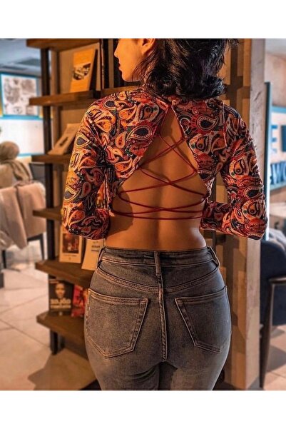Modazeyosh Kadın Sırtı Lastikli Etnik Desen Crop