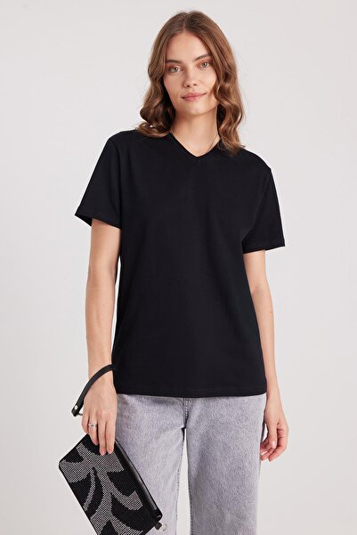 Tudors Women's Slim Fit Slim Fit Cotton Soft Textured Lycra Flexible Fabric Plain Basic Black V-Neck T-Shirt