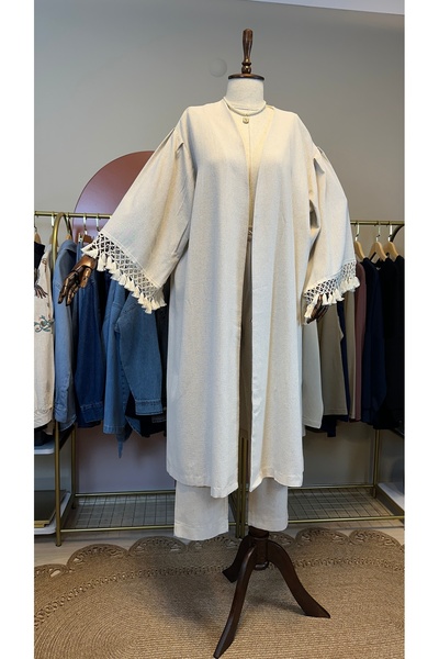 VeluraCollection PÜSKÜL DETAYLI KİMONO TAKIM-KREM