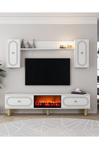 DEMONTE DECOR POLENDH BOHEM ŞÖMİNELİ (A) TV ÜNİTESİ TAKIMI BEYAZ-BEYAZ