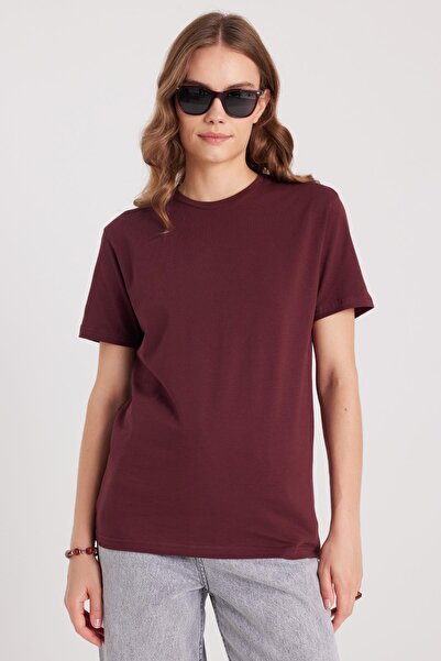 Tudors Γυναικείο μπλουζάκι με λεπτή εφαρμογή, βαμβακερό, μαλακό ύφασμα, ελαστικό ύφασμα λύκρα, βασικό μπλουζάκι με λαιμόκοψη μπορντό