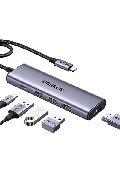 Ugreen Docking Station Type-C to 3x USB, HDMI 4K@30Hz, Type-C PD100W, 5Gps, Slim, Mini, 0.2m, Gray