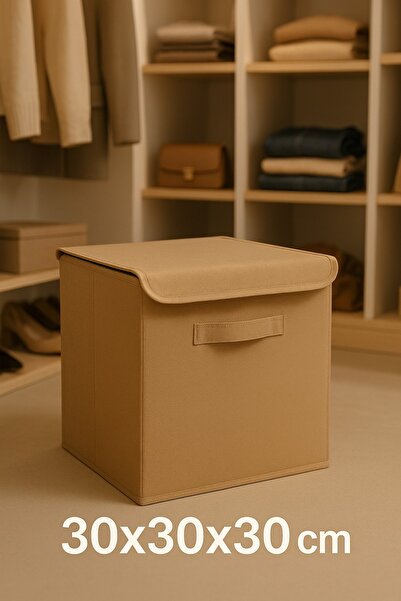 homyjr's Beige Covered Wardrobe Laundry Toy Organizer Folding Storage Box with Lid 30X30X30