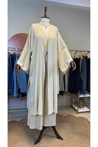 VeluraCollection YIRTMAÇLI UZUN KİMONO TAKIM-BEJ