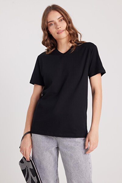 Tudors Γυναικείο μπλουζάκι με λεπτή εφαρμογή, βαμβακερό, μαλακό υφή, ελαστικό ύφασμα λύκρα, απλό βασικό μαύρο μπλουζάκι με λαιμόκοψη σε σχήμα V