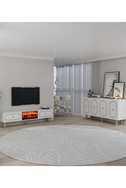 DEMONTE DECOR POLENDH BOHEM KONSOL (KB150), BOHEM ŞÖMİNELİ (A) TV SEHPASI 2Lİ SALON TAKIMI BEYAZ-BEYAZ