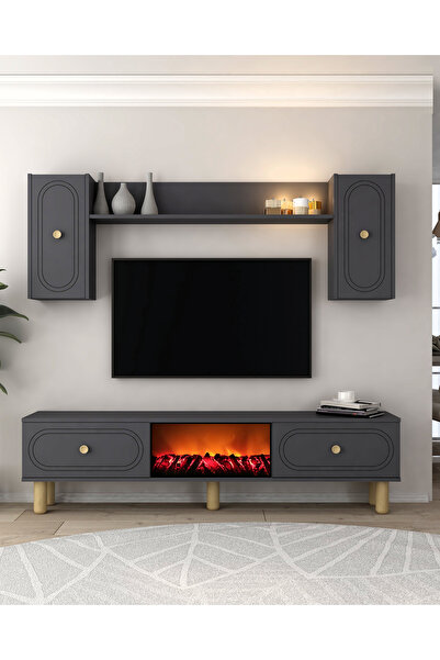 DEMONTE DECOR POLENDH BOHEM ŞÖMİNELİ (A) TV ÜNİTESİ TAKIMI ANTRASİT-ANTRASİT