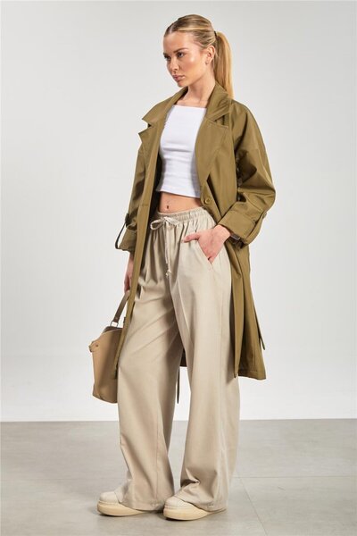 BARRELS AND OIL Kadın Çift Düğmeli Kruvaze Yaka Trençkot - Haki