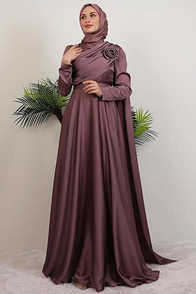 GİYZAMİLA Alaz Saten Gül Abiye Soft Lila