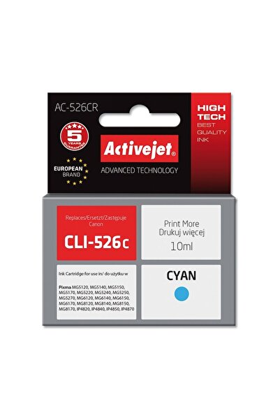 ActiveJet Съвместим касета Canon CLI-526C Cyan, 10 мл, Premium Activejet, 5 г...