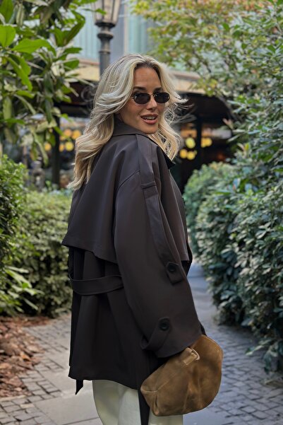 Laluvia Acı Kahve Oversize Düşük Omuz Kısa Trenç - 9580