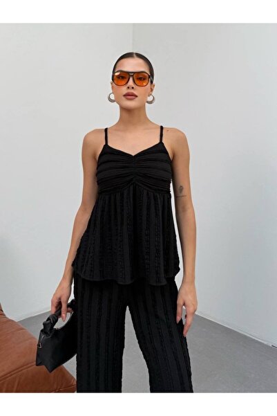 Modayakamoz Women's Black Textured Strap Top and Wide Leg Pants 2-Piece Set