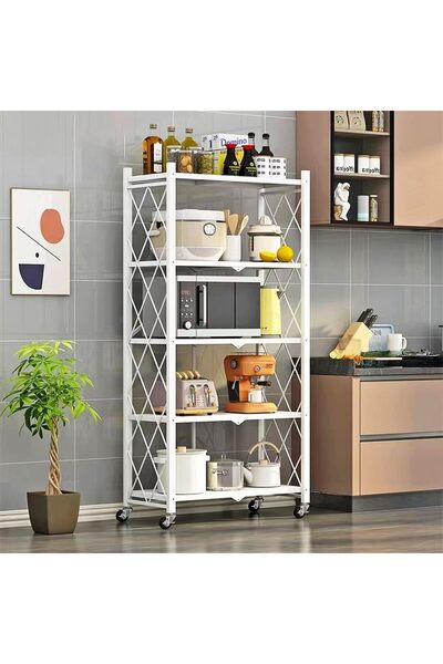 Living White Metal Rack – 5 Tiers, Foldable, Movable, Multi-Purpose