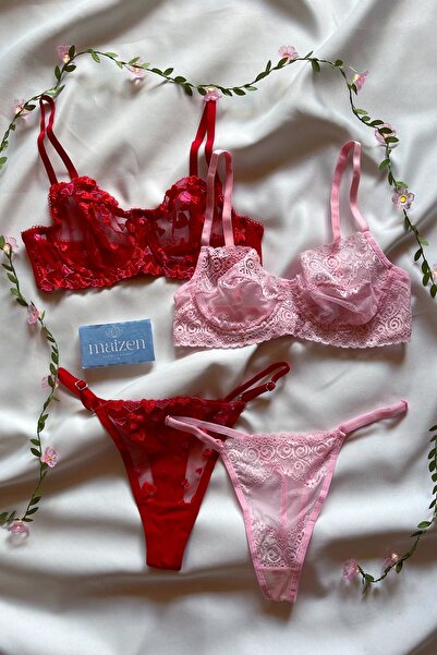 MAİZEN 2'li Sütyen Takım Dantelli Toparlayıcı Balenli Pembe Kırmızı Kalpli Sütyen Takım