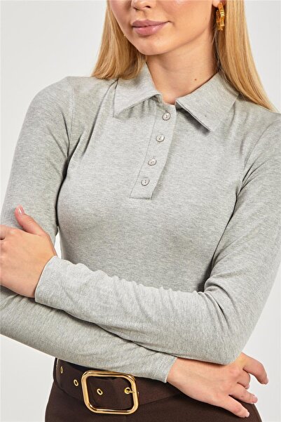 BARRELS AND OIL Kadın Polo Yaka Uzun Kol Body - Kar Melanj