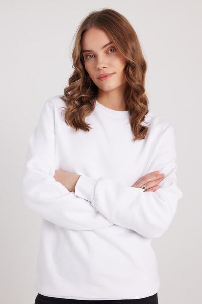 Tudors Kadın Oversize Geniş Kesim %100 Pamuk Basic Beyaz Bisiklet Yaka Sweats...