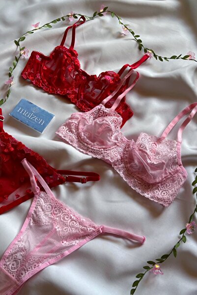 MAİZEN 2'li Sütyen Takım Dantelli Toparlayıcı Balenli Pembe Kırmızı Kalpli Sütyen Takım