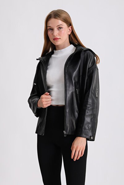 MQ Leather Maroquin Leather Gaga Kadın Kapüşonlu Deri Mont