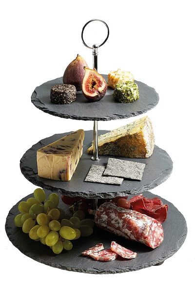 erorex Natural Black Stone 3 Tier Round Slate Cake Stand Chrome Carry Loop, Dessert Serving Stand Perfect