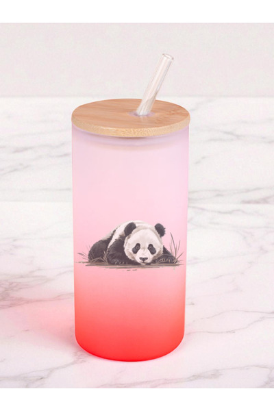 lili hediyelik 600 ml Glass Flask with Panda Print on the Ground - Water Flask, Drinking Flask, Glass Flask with Straw