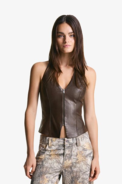 Bershka Halter yaka suni deri fermuarlı top
