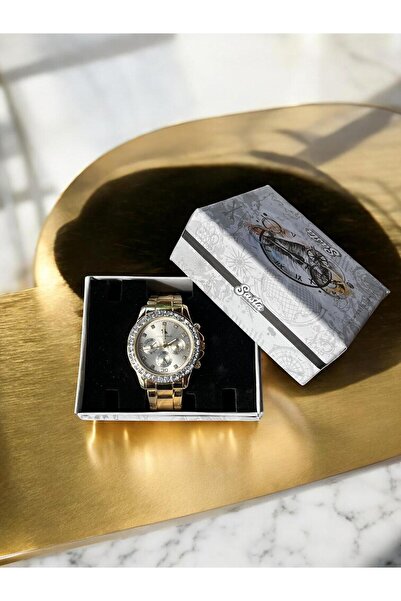 Sasta Altın Renk Kadın Kol Saati Taşlı