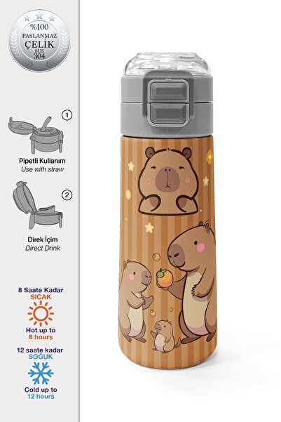 Coral High Kids Capybara Patterned Steel Thermos with Straw and Direct Drinki...