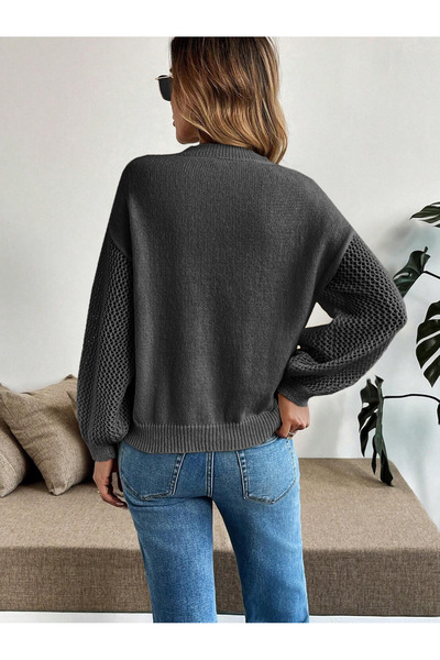 AQE FASHION Women's Openwork Sleeves Collar Mesh Pattern Crew Neck Hair Knit Sweater Anthracite