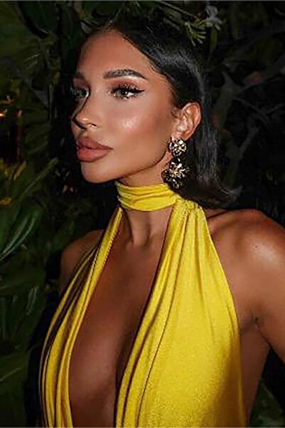 Bikini Mayokini Dünyası Saten Dekolteli Uzun Gece Elbisesi - Sarı