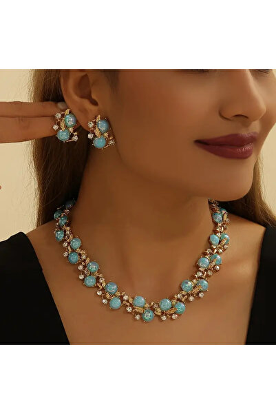 byozanyılmaz Blue Stone Engraved Necklace and Earring Set