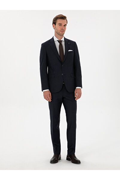 Cacharel Lacivert Slim Fit Mikro Desenli Mono Yaka Yün Karışımlı Takım Elbise 50311134-VR033