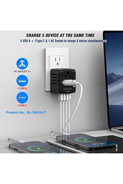 Generic محول طاقة سفر عالمي SAUNORCH مزود بمنفذ USB-A عالي السرعة 2.4 أمبير، وشاحن حائط USB-C 3.0 أمبير