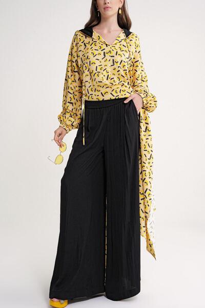 SOCIETA Sarı Kapüşonlu yanları yırtmaçlı tunik ve pantolonlu takım 12363