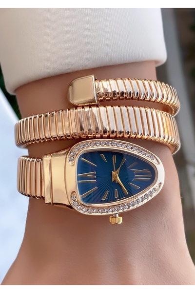 Merand Gold Color Blue Dial Snake Watch, Wrap Around Watch, Women's Wristwatch