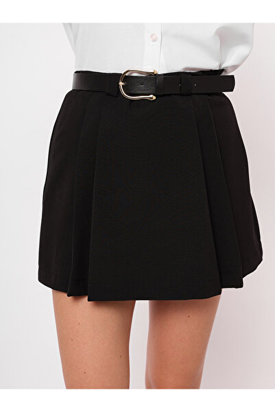 Enie Kadın Siyah Kemerli Pileli Mini Şort Etek