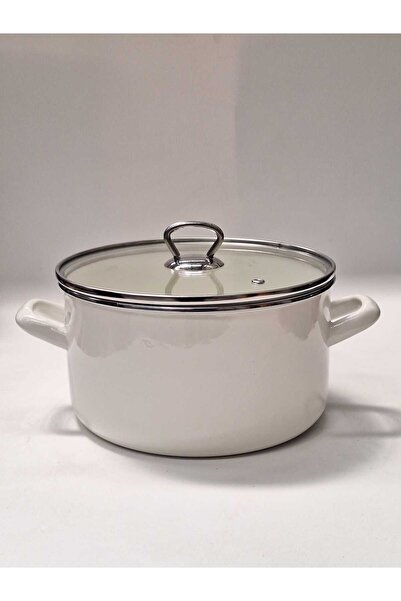 GİZEM Enameled Deep Flat Pot Yogurt Pot Bakraç 22 cm X 12 cm 3.5 Liter Ivory
